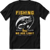 Fishing Has No Age Limit - Vissen T-Shirt | Geel | Grappig Verjaardag Vis Hobby Cadeau Shirt | Dames - Heren - Unisex | Tshirt Hengelsport Kleding Kado - Zwart - M