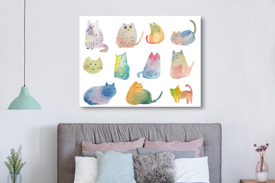 Canvas schilderij 160x120 cm - Wanddecoratie Katten - Illustratie - Kleuren - Muurdecoratie woonkamer - Slaapkamer decoratie - Kamer accessoires - Schilderijen