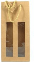 Gift bag - Cadeauzak met venster - 2 Wijnflessen - Kraft karton - Naturel - 39x20x8cm - Fairtrade - Sawahasa - 10 stuks