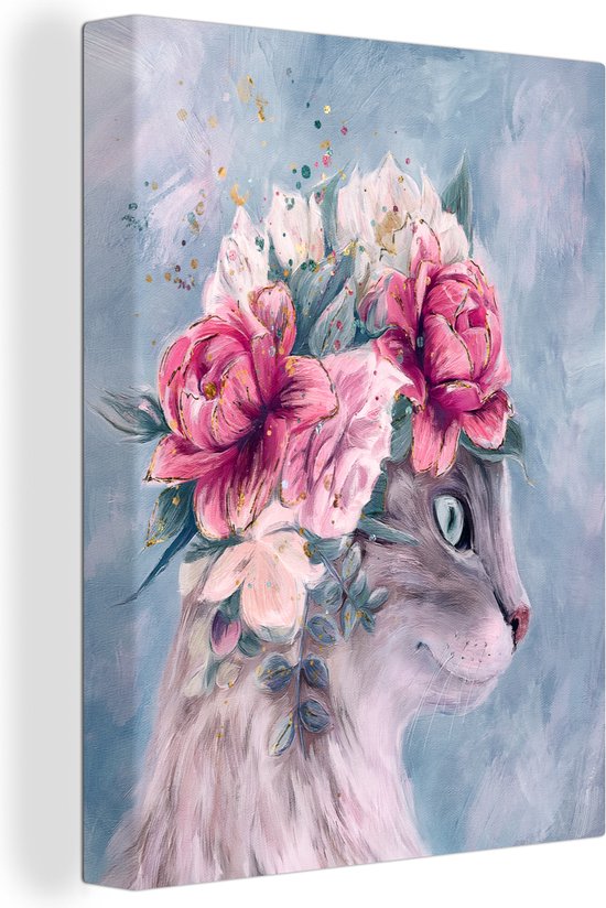 Tableau sur toile Dessin d'enfant pastel portrait chat avec fleurs - 90x120  cm 