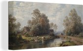 Canvas Schilderij Sommerliche Flusslandschaft an einem Bauerngehöft - schilderij van Paul Weber - 80x40 cm - Wanddecoratie
