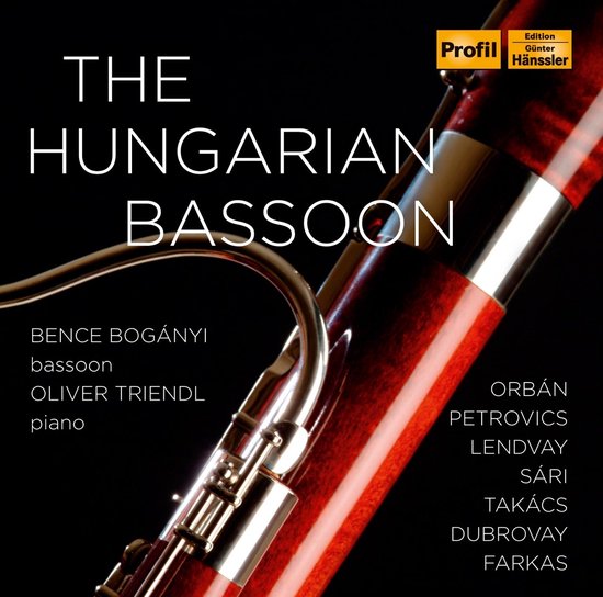 CD-hoes met close-up van een contrabasoon met zilveren kleppen, tekst 'The Hungarian Bassoon' Bence Bogányi bassoon, Oliver Triendl piano.