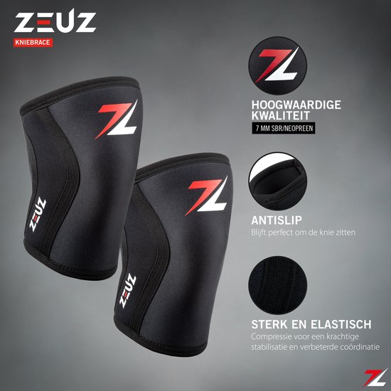 ZEUZ 2 Stuks Premium Knie Brace voor Fitness, CrossFit & Sporten – Knieband - Braces – 7 mm - Zwart, Rood & Wit - Maat L - ZEUZ