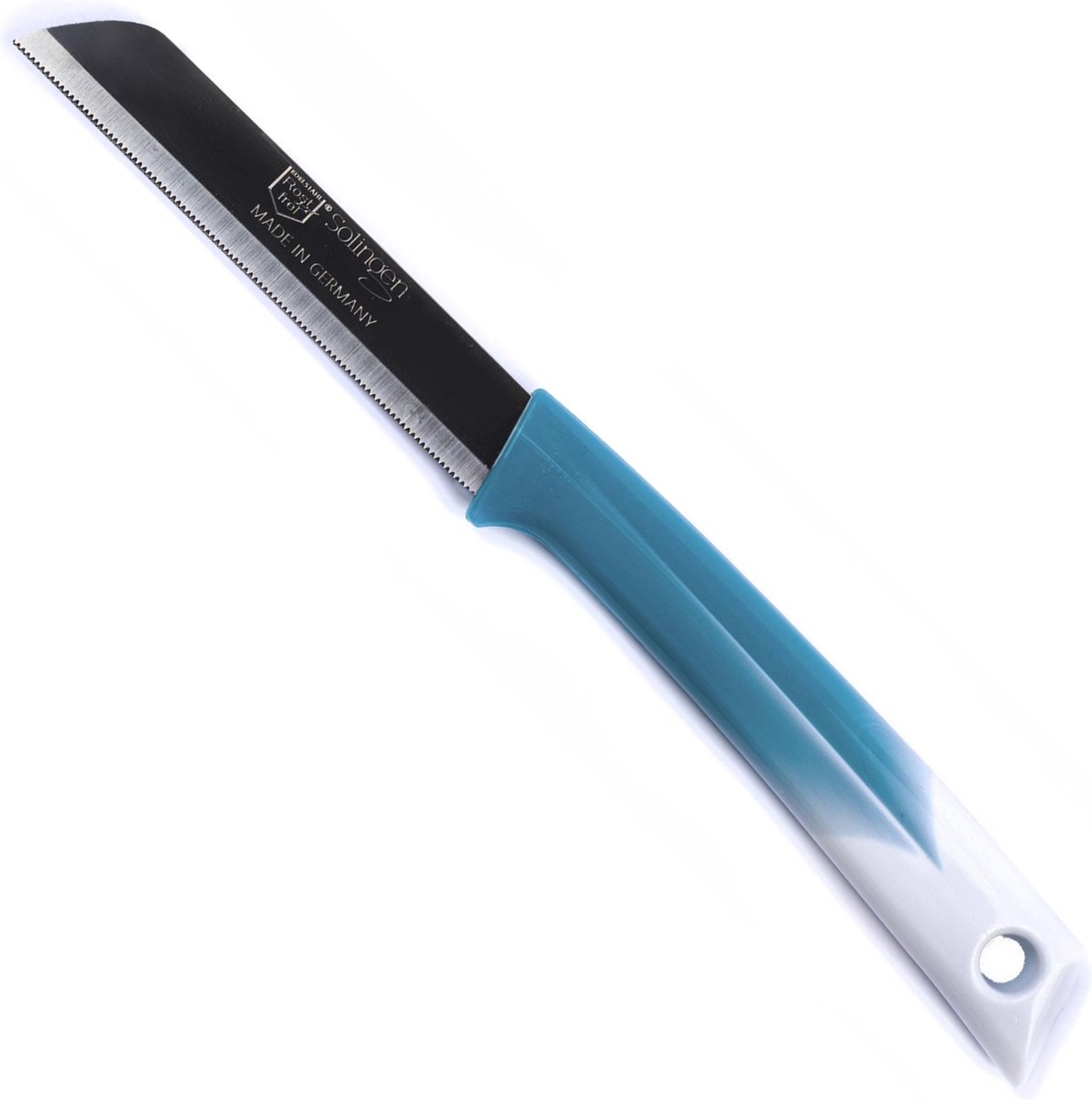 Solingen Kartelmes – Tomatenmes met Kartel – RVS – 19 cm met Blade Cover – Bi-Color Turquoise met Wit