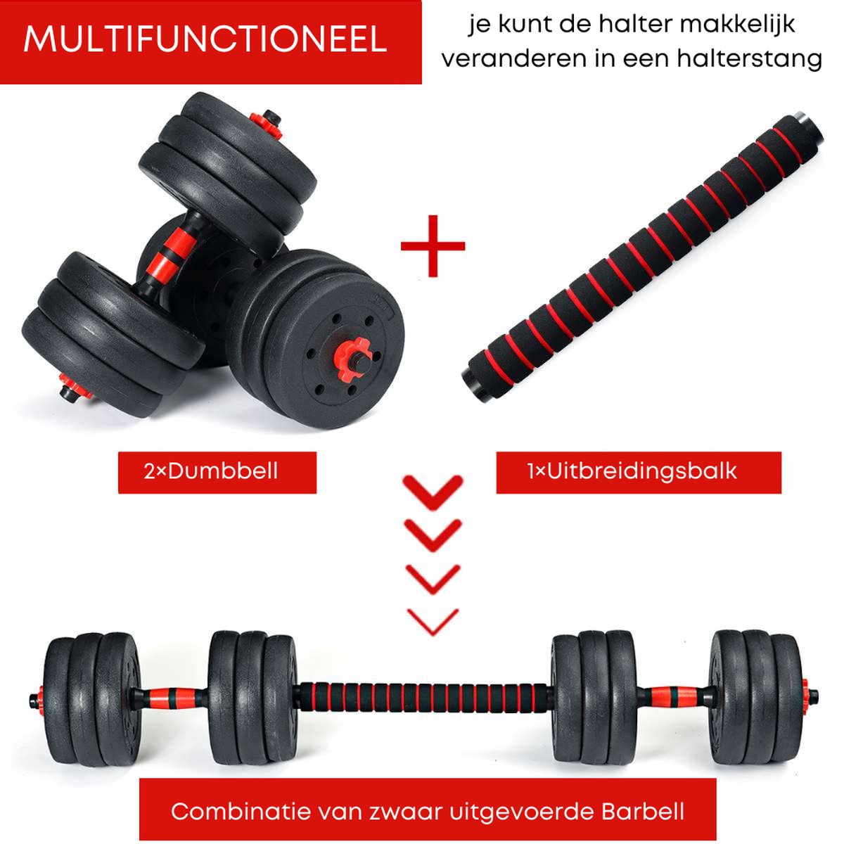 Sportsly Dumbbells set - 30 kg - Inclusief verstelbare halterstang - Barbell - Dumbbells - Halter - Homegym