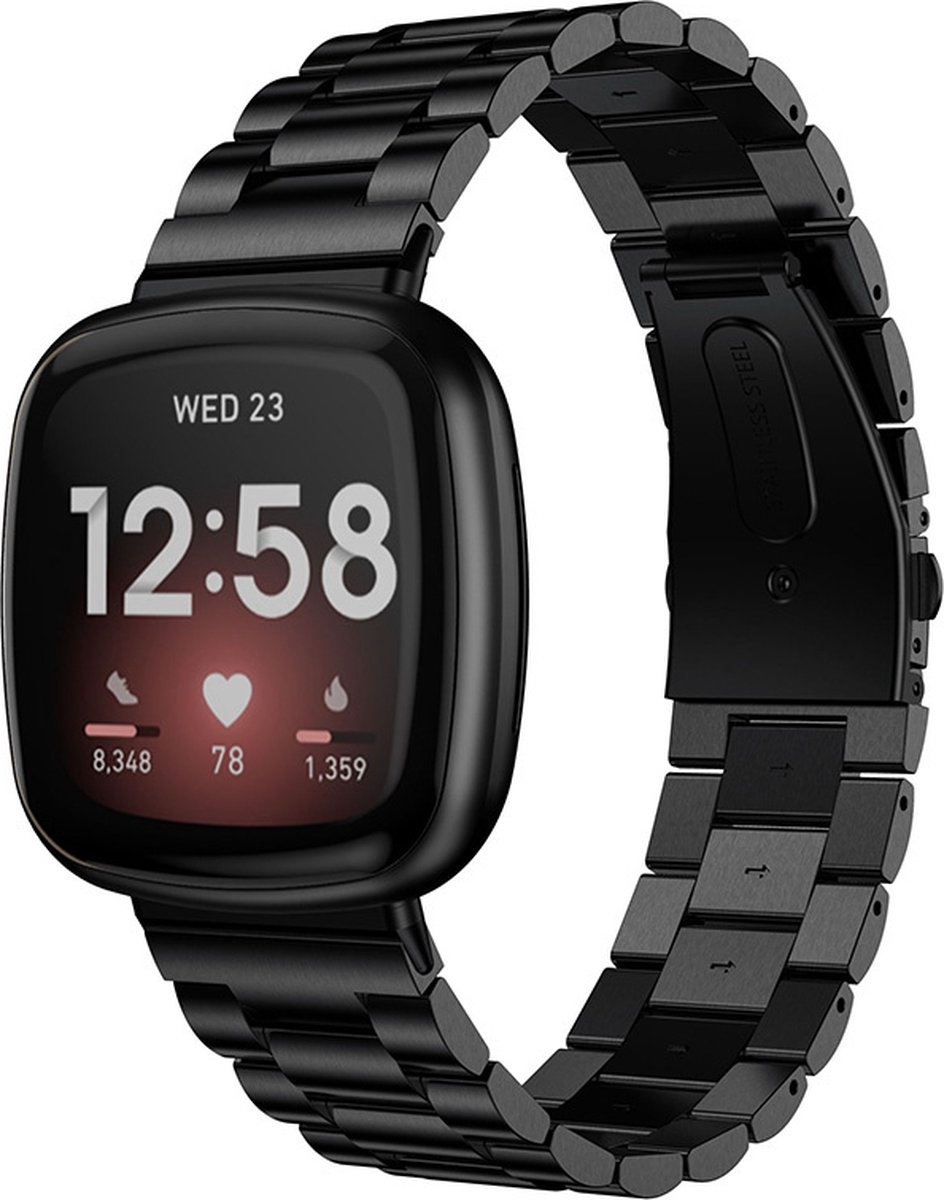 Strap-it Stalen schakel bandje - geschikt voor Fitbit Versa 3 / Fitbit Sense - zwart