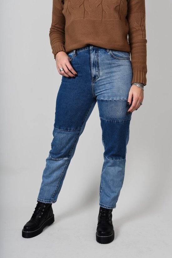 patchs de jeans | Pantalons dames | jeans | Jeans de maman | Taille haute | Coupe large | Modèle droit | Couleur bleu | Taille 38