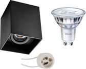 Opbouwspot Set - Pragmi Luxina Pro - GU10 Fitting - Opbouw Vierkant - Mat Zwart - Verdiept - Kantelbaar - 90mm - Philips - SceneSwitch 827 36D - 1.5W-5W - Warm Wit 2200K-2700K - Dimbaar - BSE