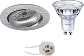 LED Spot Set - Primux Delton Pro - GU10 Fitting - Inbouw Rond - Mat Zilver - Kantelbaar - Ø82mm - Philips - SceneSwitch 827 36D - 1.5W-5W - Warm Wit 2200K-2700K - Dimbaar