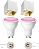 Luxino Cliron Pro - Opbouw Vierkant - Mat Wit/Goud - Verdiept - 90mm - Philips Hue - Opbouwspot Set GU10 - White and Color Ambiance - Bluetooth