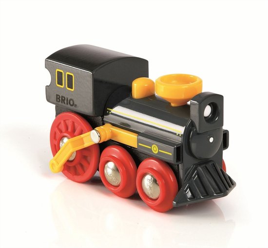 Zwarte speelgoed stoomlocomotief met gele en zilveren accenten en rode wielen.