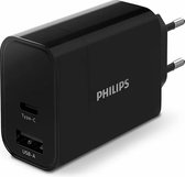 Philips DLP2621/12 Oplader - USB-Stekker - 2 Poorten - USB-C - USB-A - Snel Opladen - 30W - Zwart