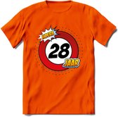 28 Jaar Hoera Verkeersbord T-Shirt | Grappig Verjaardag Cadeau | Dames - Heren | - Oranje - S