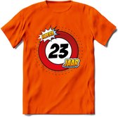 23 Jaar Hoera Verkeersbord T-Shirt | Grappig Verjaardag Cadeau | Dames - Heren | - Oranje - S