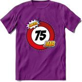 75 Jaar Hoera Verkeersbord T-Shirt | Grappig Verjaardag Cadeau | Dames - Heren | - Paars - L