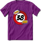 38 Jaar Hoera Verkeersbord T-Shirt | Grappig Verjaardag Cadeau | Dames - Heren | - Paars - L