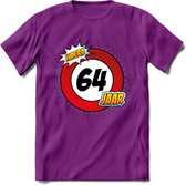 64 Jaar Hoera Verkeersbord T-Shirt | Grappig Verjaardag Cadeau | Dames - Heren | - Paars - XXL