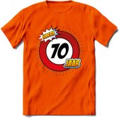 70 Jaar Hoera Verkeersbord T-Shirt | Grappig Verjaardag Cadeau | Dames - Heren | - Oranje - XXL