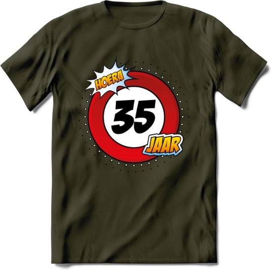 35 Jaar Hoera Verkeersbord T-Shirt | Grappig Verjaardag Cadeau | Dames - Heren | - Leger Groen - XL