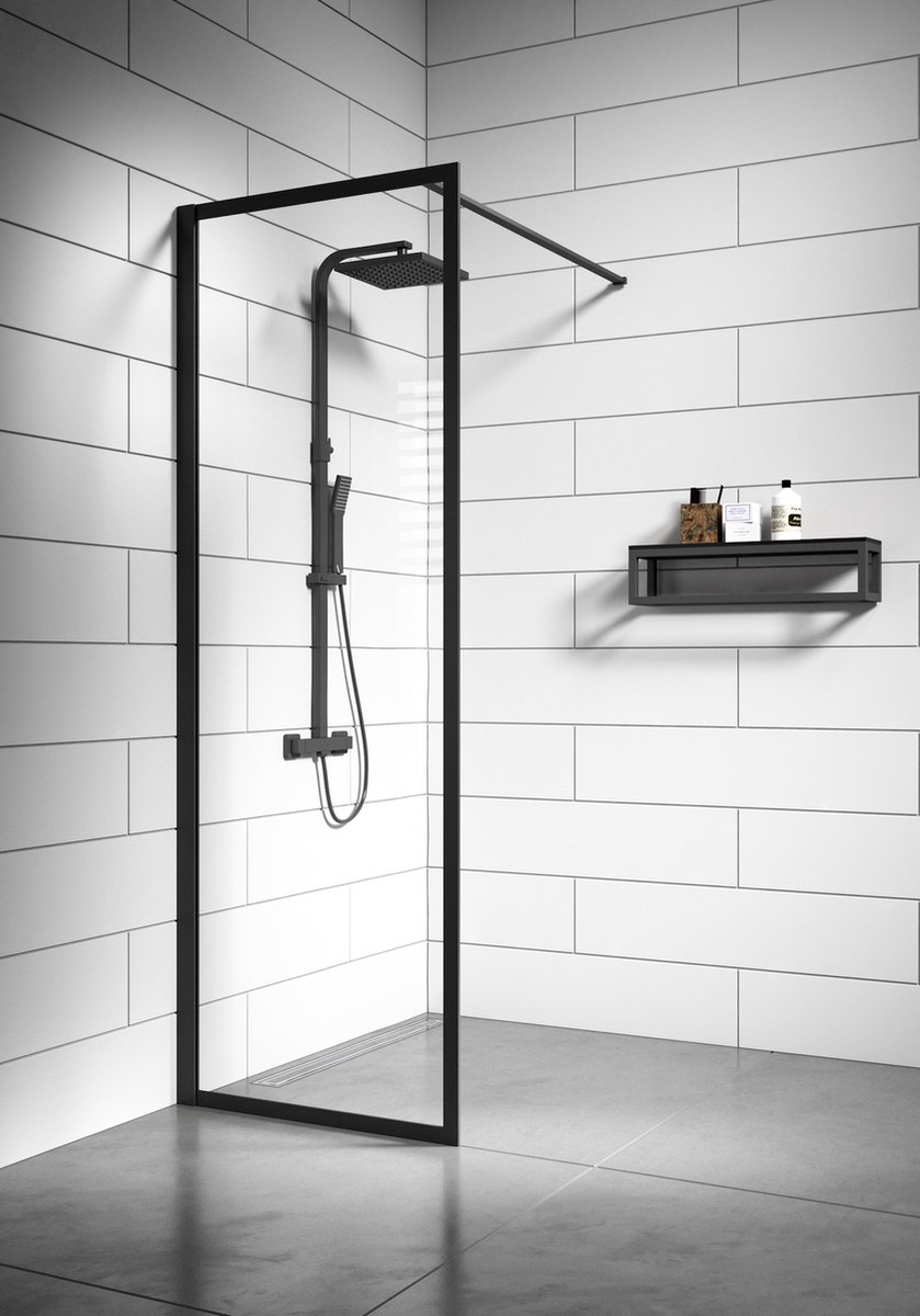 Badplaats Douchewand Georgia 50 cm x 200 cm - Zwart – Inloopdouche 8 mm Veiligheidsglas