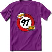 97 Jaar Hoera Verkeersbord T-Shirt | Grappig Verjaardag Cadeau | Dames - Heren | - Paars - L