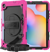 Geschikt Voor: Samsung Tab S6 Lite 10.4 P610 Tablet Kids case - Armor Case - Schermbeschermer - ShockProof - Handstrap - met Schouderband - Zwart / Roze - ZT Accessoires