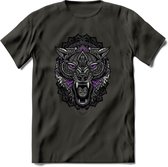 Wolf - Dieren Mandala T-Shirt | Paars | Grappig Verjaardag Zentangle Dierenkop Cadeau Shirt | Dames - Heren - Unisex | Wildlife Tshirt Kleding Kado | - Donker Grijs - XL