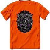 Wolf - Dieren Mandala T-Shirt | Paars | Grappig Verjaardag Zentangle Dierenkop Cadeau Shirt | Dames - Heren - Unisex | Wildlife Tshirt Kleding Kado | - Oranje - XL