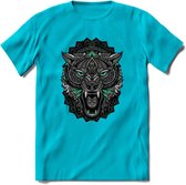 Wolf - Dieren Mandala T-Shirt | Aqua | Grappig Verjaardag Zentangle Dierenkop Cadeau Shirt | Dames - Heren - Unisex | Wildlife Tshirt Kleding Kado | - Blauw - 3XL