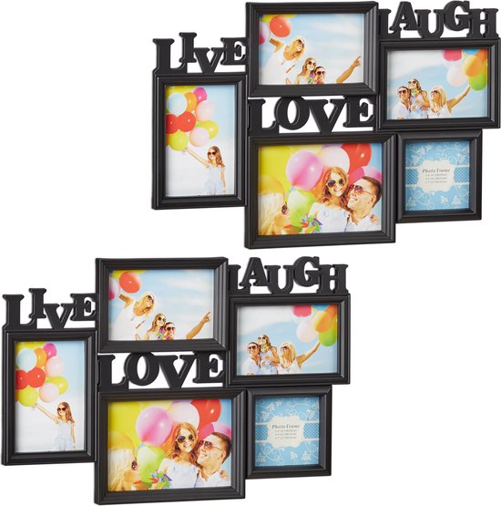 Relaxdays 2x fotolijst Live Love Laugh - collagelijst 5 foto‘s - galerijlijst - lijstjes