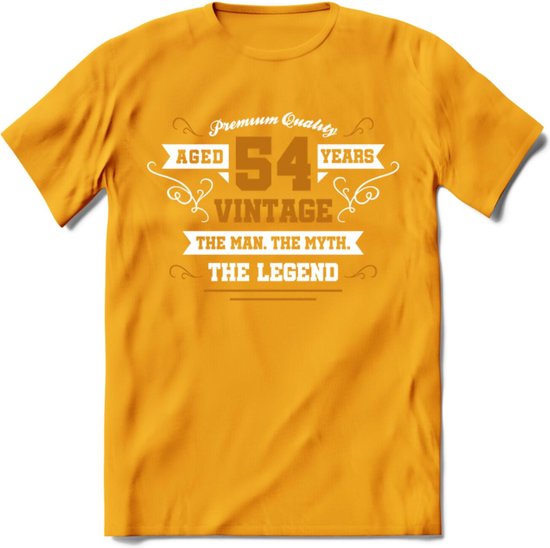 54 Jaar Legend T-Shirt | Goud - Wit | Grappig Verjaardag en Feest Cadeau Shirt | Dames - Heren - Unisex | Tshirt Kleding Kado | - Geel - XL