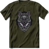 Vos - Dieren Mandala T-Shirt | Paars | Grappig Verjaardag Zentangle Dierenkop Cadeau Shirt | Dames - Heren - Unisex | Wildlife Tshirt Kleding Kado | - Leger Groen - L
