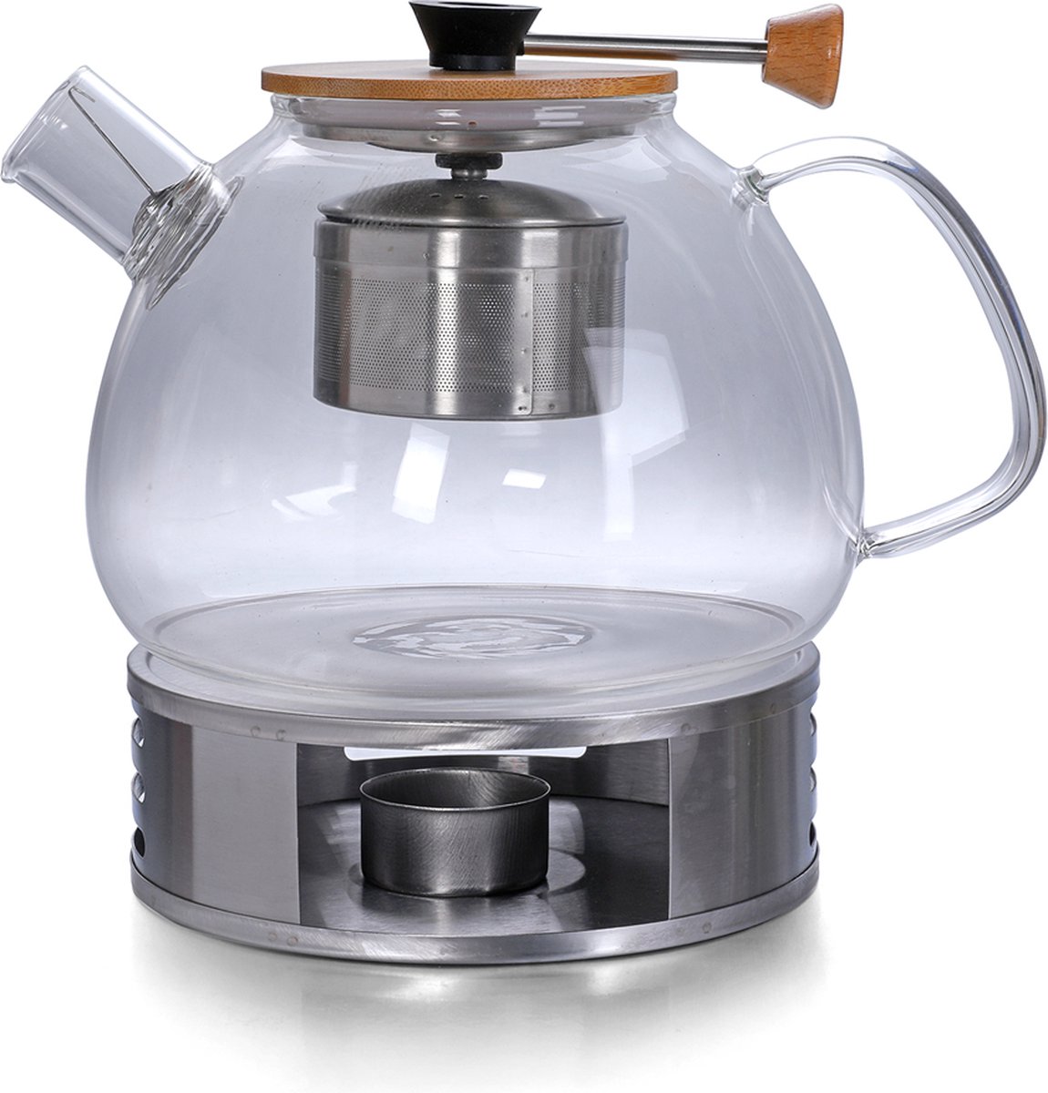 COM-FOUR® theepot met bamboe deksel - glazen kan van hittebestendig glas met
