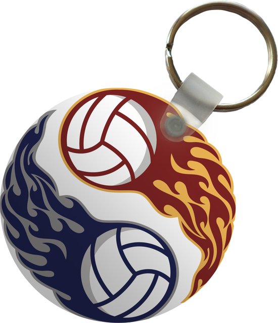 Sleutelhanger - Een illustratie van twee brandende volleyballen in Yin en Yang - Plastic - Rond - Uitdeelcadeautjes