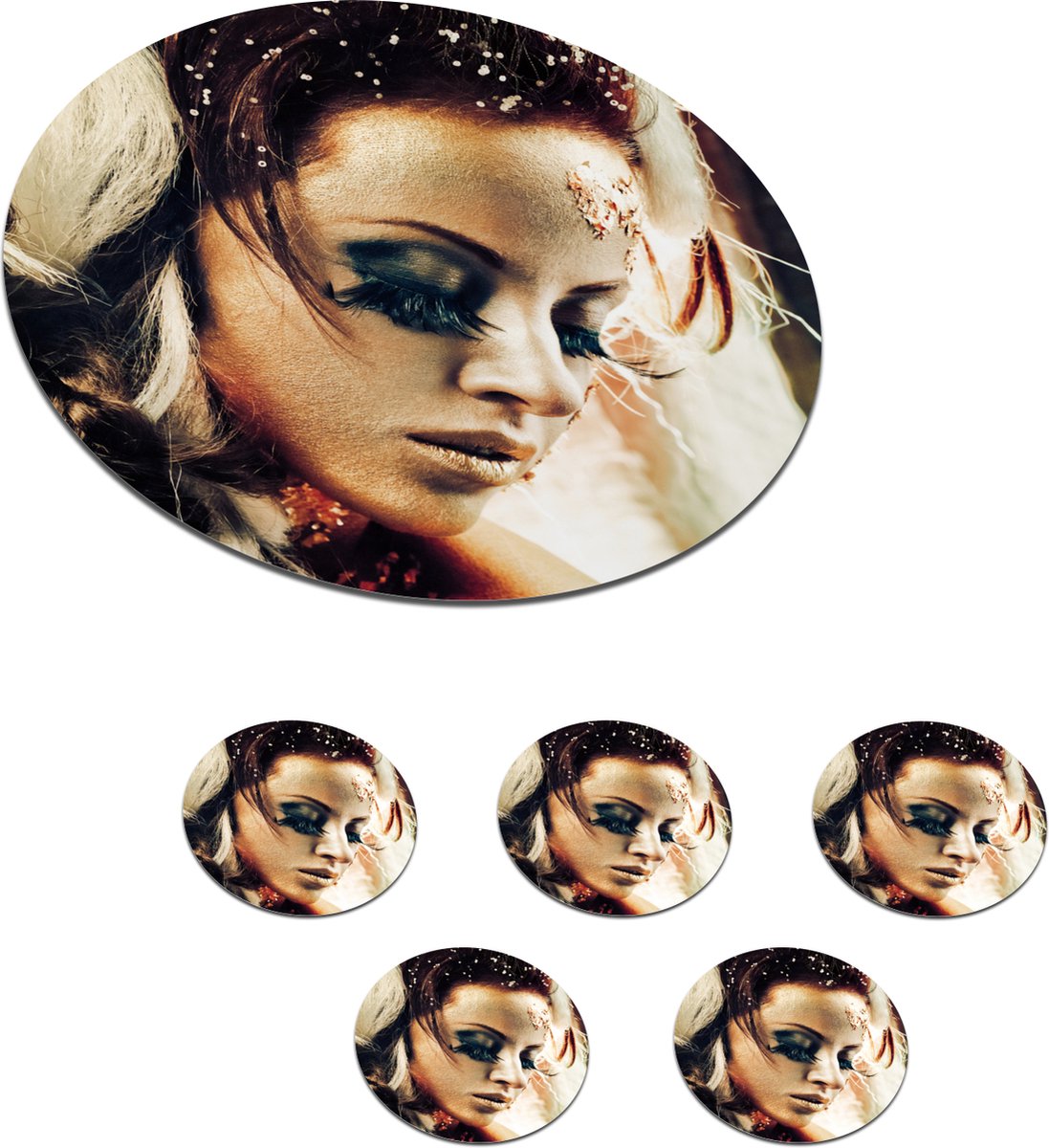 Onderzetters voor glazen - Rond - Vrouw - Goud - Wit - 10x10 cm - Glasonderzetters - 6 stuks