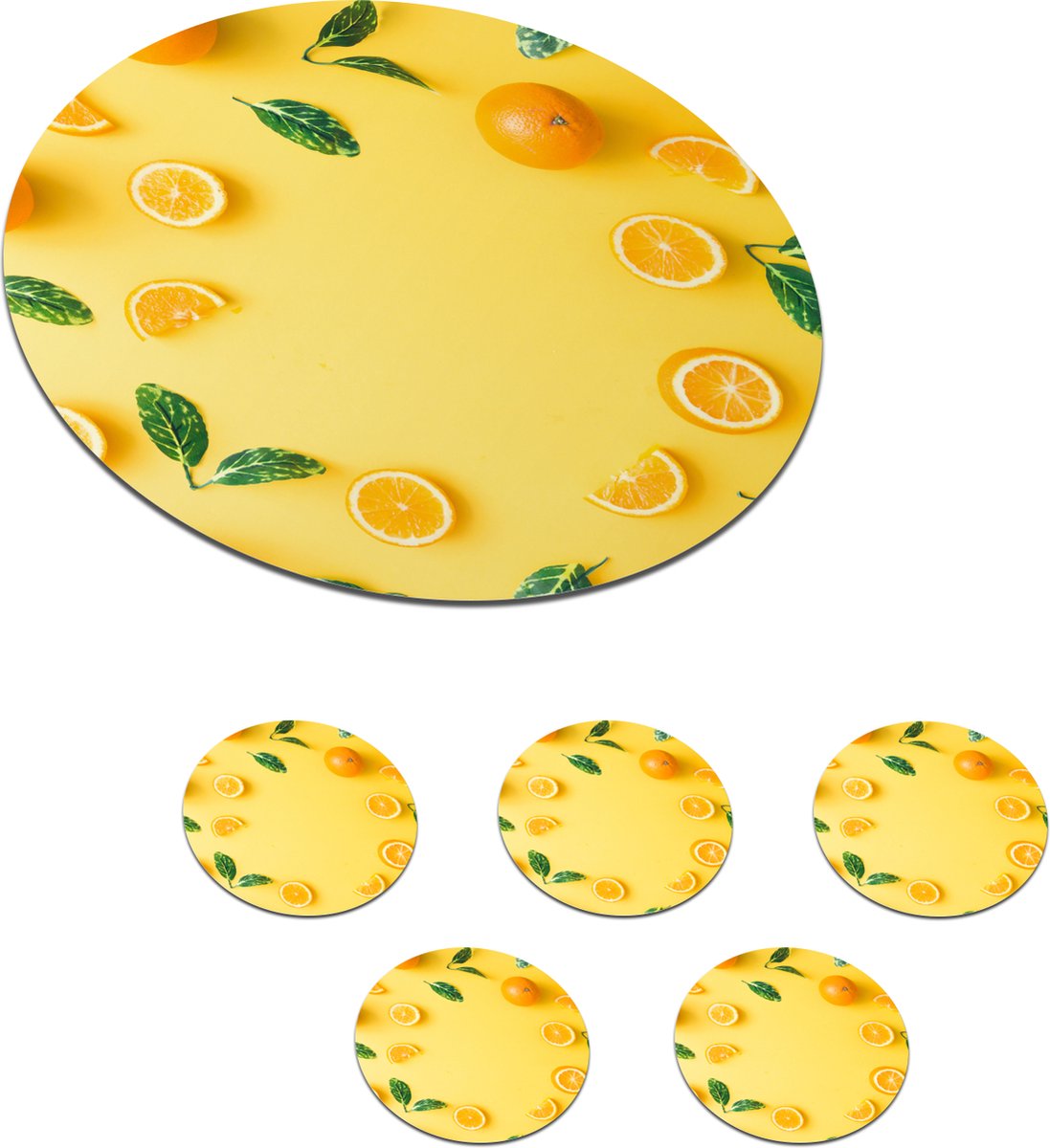 Onderzetters voor glazen - Rond - Sinaasappel - Fruit - Geel - 10x10 cm - Glasonderzetters - 6 stuks
