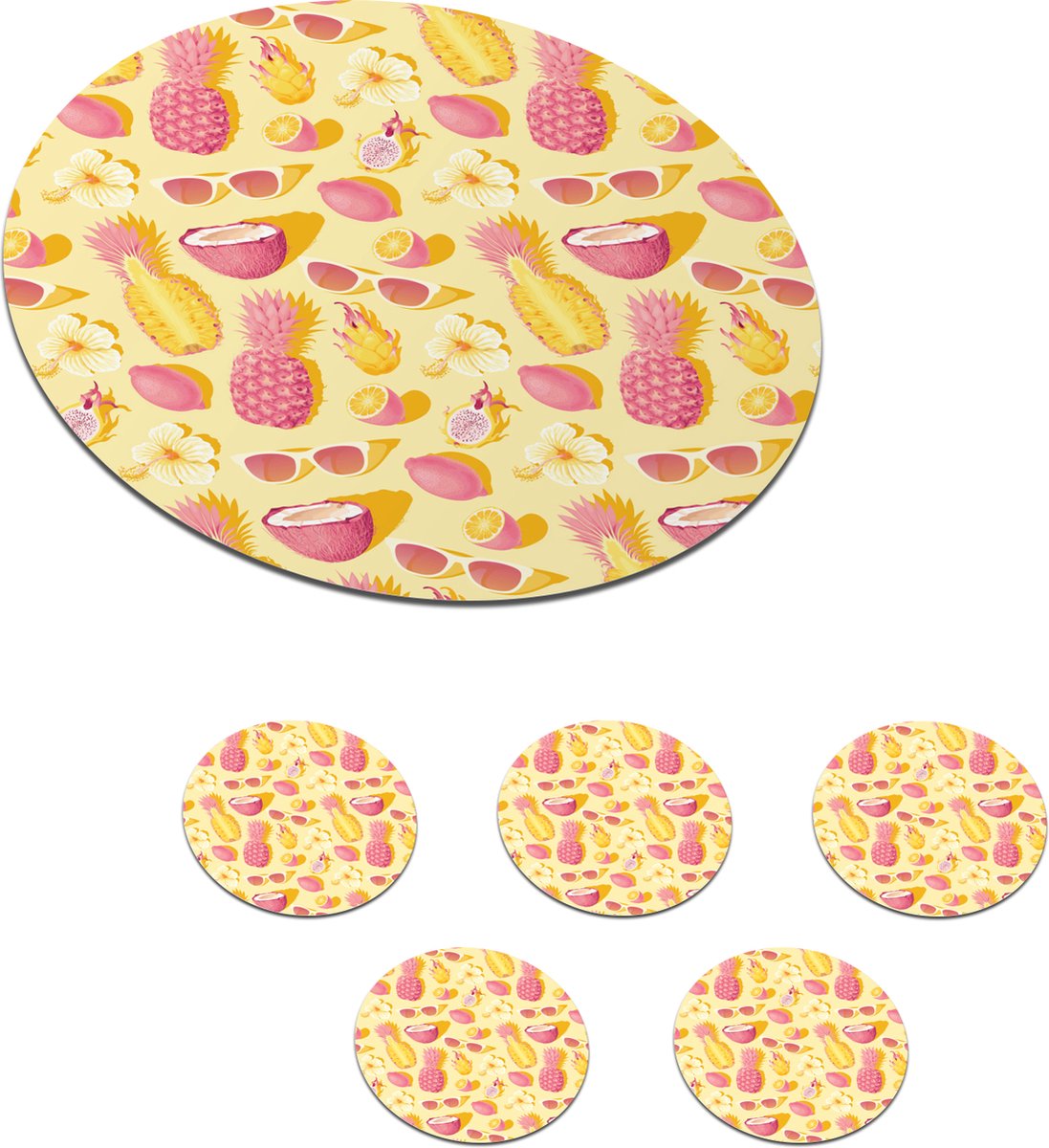 Onderzetters voor glazen - Rond - Zomer - Ananas - Geel - 10x10 cm - Glasonderzetters - 6 stuks