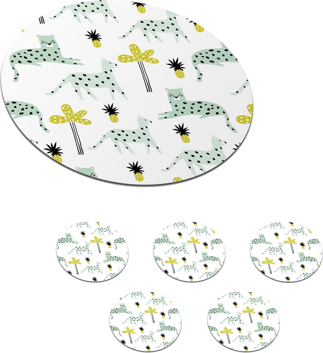 Onderzetters voor glazen - Rond - Panter - Fruit - Wit - 10x10 cm - Glasonderzetters - 6 stuks