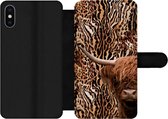 Bookcase Geschikt voor iPhone XS Max telefoonhoesje - Schotse hooglander - Koe - Panterprint - Met vakjes - Wallet case met magneetsluiting