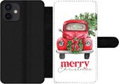 Bookcase Geschikt voor iPhone 12 Mini telefoonhoesje - Kerst - Auto - Spreuken - Quotes - Merry Christmas - Met vakjes - Wallet case met magneetsluiting