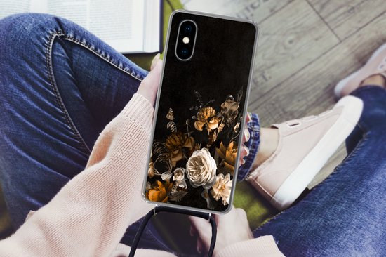 Coque avec cordon iPhone X - Bloem - Gold - Motifs - Siliconen - Bandoulière - Coque arrière avec cordon - Coque pour téléphone avec cordon - Coque avec corde
