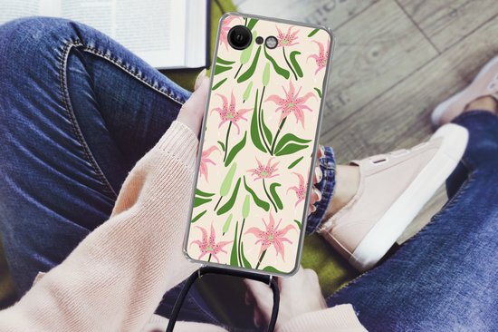 Coque avec cordon iPhone SE 2020 - Bloem - Rose - Feuille - Siliconen - Bandoulière - Coque arrière avec cordon - Coque pour téléphone avec cordon - Coque avec corde