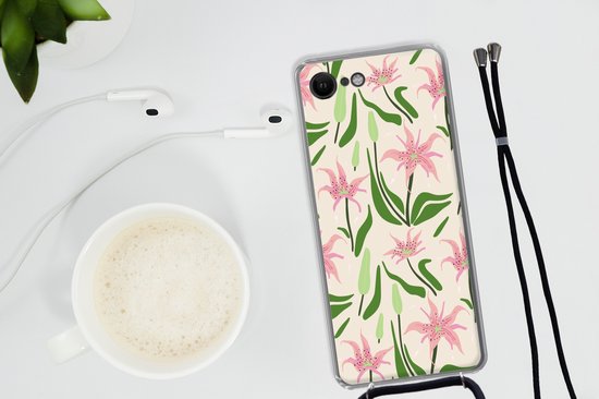 Coque avec cordon iPhone SE 2020 - Bloem - Rose - Feuille - Siliconen - Bandoulière - Coque arrière avec cordon - Coque pour téléphone avec cordon - Coque avec corde