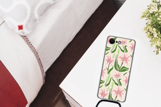 Coque avec cordon iPhone SE 2020 - Bloem - Rose - Feuille - Siliconen - Bandoulière - Coque arrière avec cordon - Coque pour téléphone avec cordon - Coque avec corde