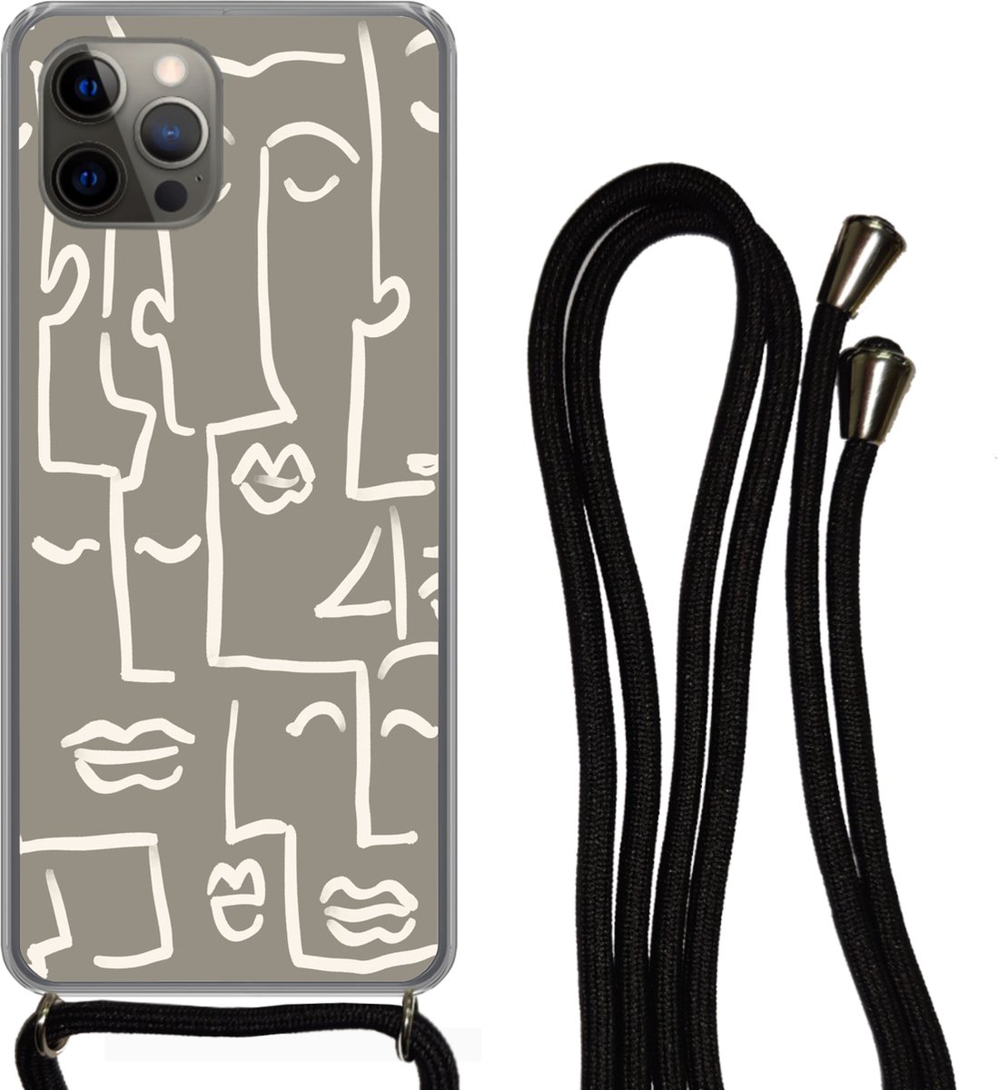 Telefoonhoesje Geschikt voor iPhone 12 pro crossbody - Gezicht - Hoofd - Line art - Siliconen - Crossbody - Backcover met Koord - Telefoonhoesje met koord - Hoesje met touw Telefoonhoesje