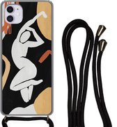 Hoesje met koord Geschikt voor iPhone 12 - Vrouw - Silhouette - Grijs - Siliconen - Crossbody - Backcover met Koord - Telefoonhoesje met koord - Hoesje met touw