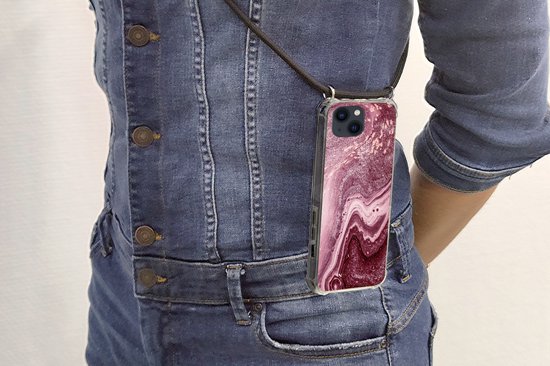 Coque avec cordon iPhone 13 Mini - Natuursteen - Rose - Glitter - Siliconen - Bandoulière - Coque arrière avec cordon - Coque pour téléphone avec cordon - Coque avec corde