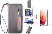 Luxe Telefoonhoesje voor Samsung Galaxy S22 | Hoogwaardig Leren Bookcase | Lederen Wallet Case | Pasjeshouder | Grijs + 1x Screenprotector