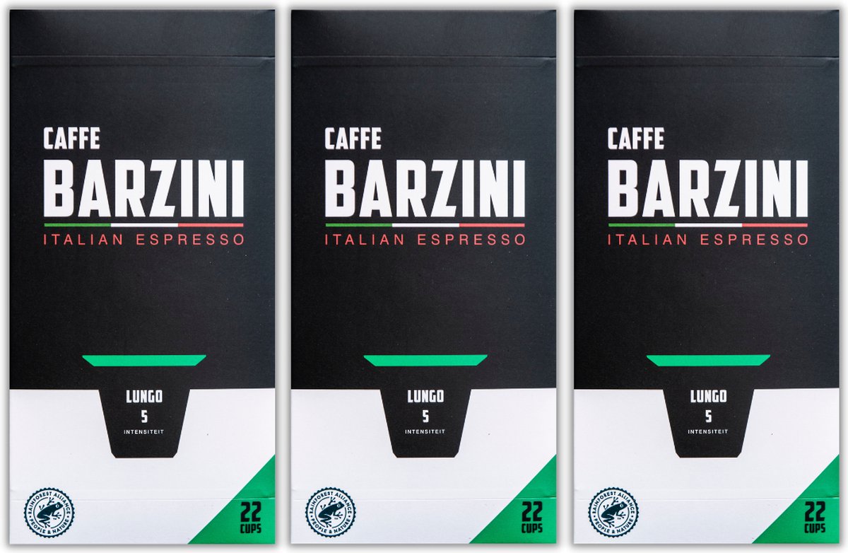 Barzini Lungo Cups - 3x 22 cups - Totaal 66 capsules - 100% Rainforest Alliance koffie cups - koffiecapsules