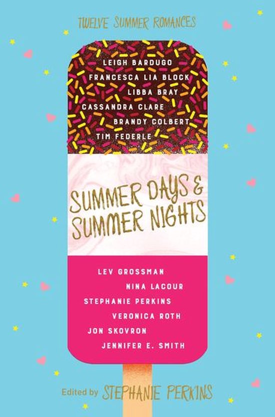 Boekomslag 'Summer Days & Summer Nights', twaalf zomerromances, met een ijslollyontwerp in chocolade- en roze kleuren met sprinkles.